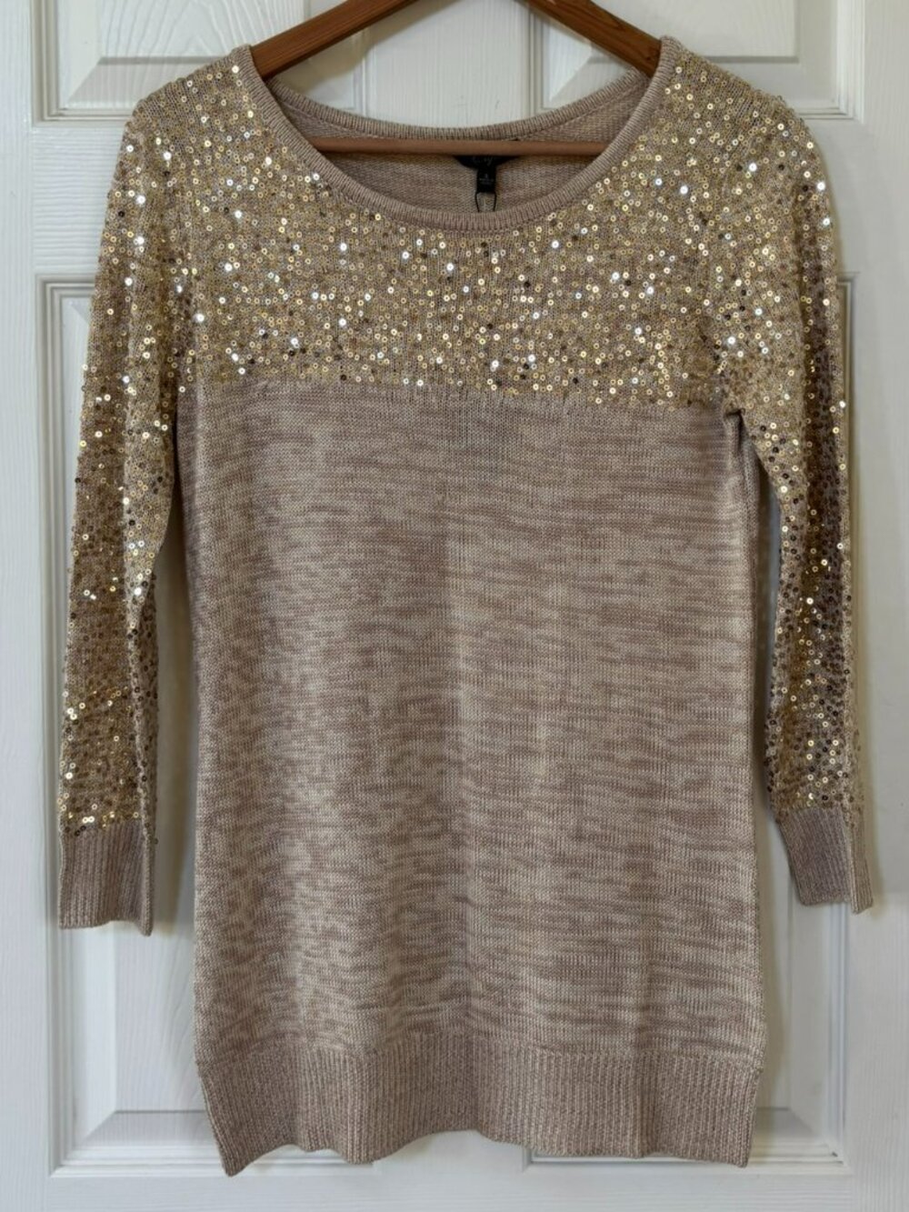 NWT Cupio Tan and Gold Sequins Sparkle Knit Long Sleeve Sweater S